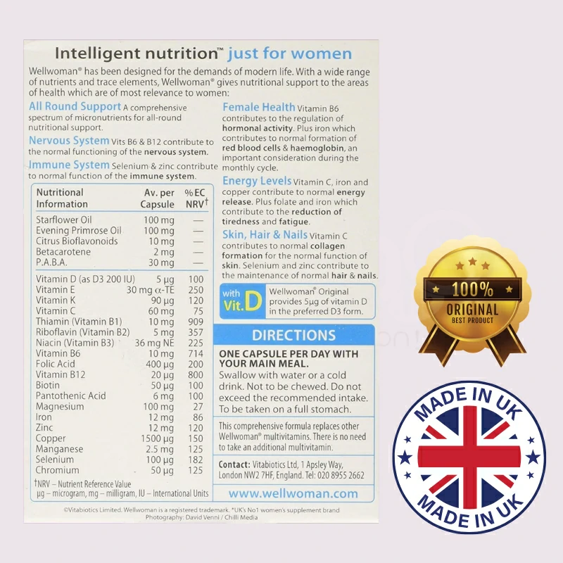 Vitabiotics Wellwoman Original made in UK 30 capsule 2 Vitabiotics Wellwoman Original made in UK 30 capsule details