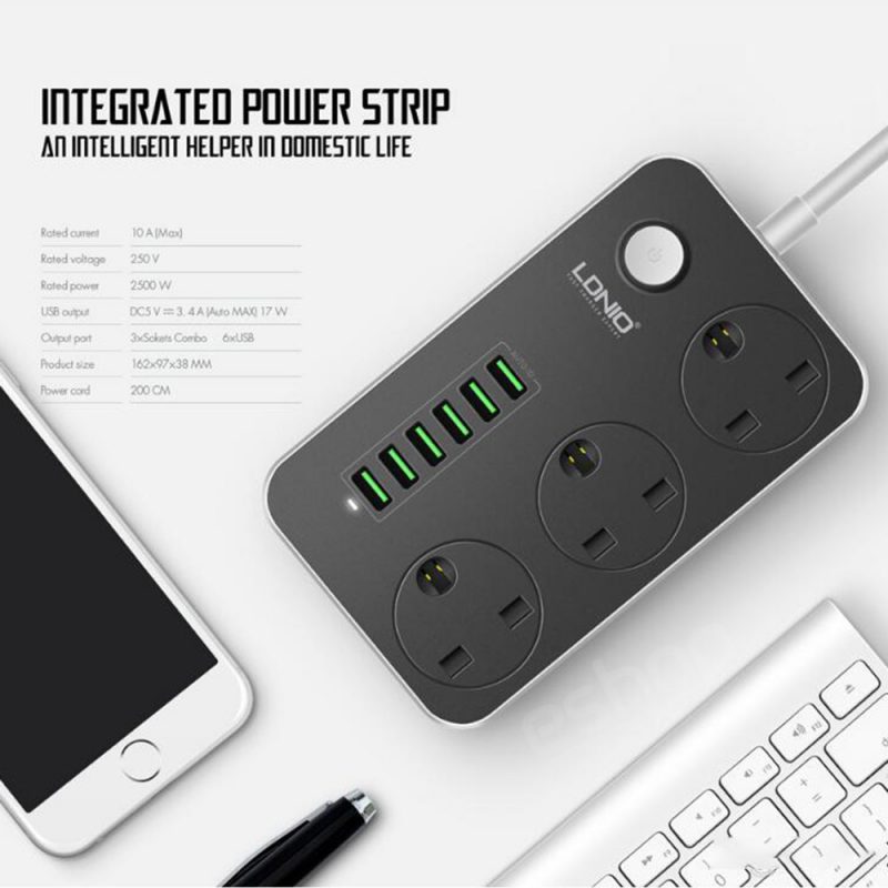 Smart 10A Power Strip with USB 6 Ports & 5 ft Length Power Cord